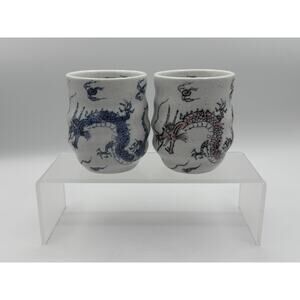 Authentic Japanese Yunomi Tea Cups Red & Blue Set Asian Set